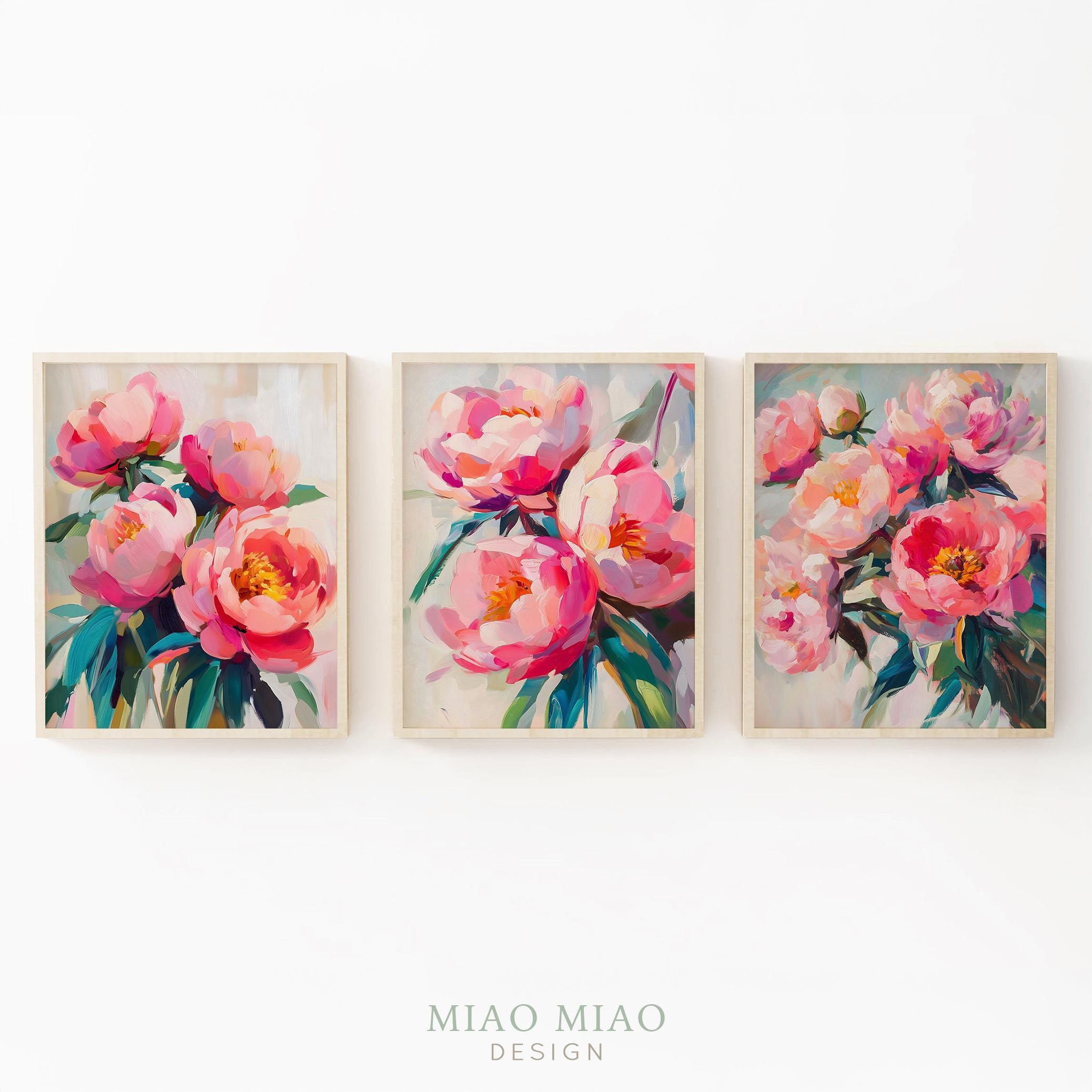 Pink Peonies Wall Art Set, Floral Bedroom Decor, Peony Flower Paintings ...
