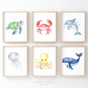 Ozean, Kinderzimmer Dekor, Babyzimmer Dekor, Aquarell, Set von 6, druckbare Wandkunst, digitaler Download