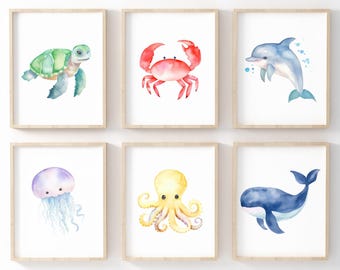 Ocean Nursery Prints, Set of 6 Watercolor Sea Animals, Printable Wall Art (Digital Download)