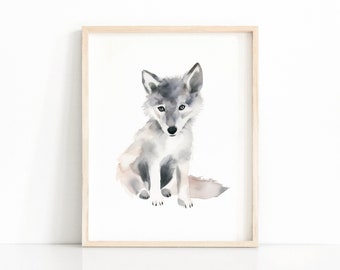 Baby Wolf Print, Wolf Nursery Decor, Nursery Wall Art, Kids Room Decor, Watercolor Animal, Printable Wall Art, Digital Download