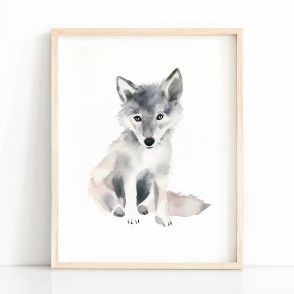 Baby Wolf Print, Wolf Nursery Decor, Nursery Wall Art, Kids Room Decor, Watercolor Animal, Printable Wall Art, Digital Download