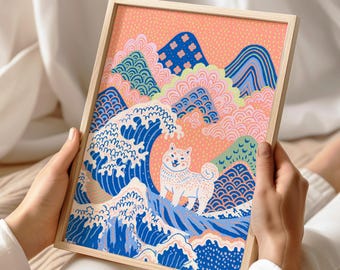 Puede incluir: Una lámina artística enmarcada que muestra a un perro blanco de pie entre olas oceánicas azules estilizadas y montañas rosas con patrones sobre un cielo color melocotón. La ilustración utiliza líneas marcadas y colores vivos.