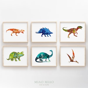 Dinosaur art, set of 6 prints, watercolor painting, printable wall art, boys bedroom decor, kids room decor, digital download