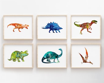 Dinosaur art, set of 6 prints, watercolor painting, printable wall art, boys bedroom decor, kids room decor, digital download