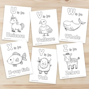 Peut inclure: Pages de coloriage en noir et blanc de l'alphabet avec des animaux. Les lettres U &agrave; Z sont repr&eacute;sent&eacute;es avec une illustration d'animal correspondante. Les lettres sont en majuscules et les animaux sont : Licorne, Vautour, Baleine, Poisson aux rayons X, Yak et Z&egrave;bre.