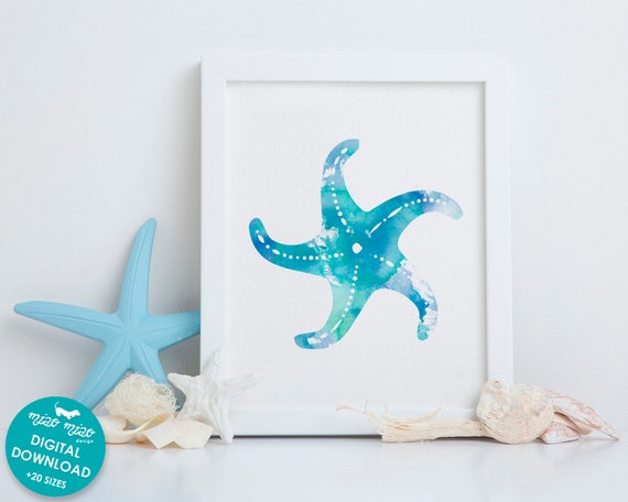 SEASIDE YELLOW GREEN STARFISH Art Print Poster Home Decor Room Bathroom Nautical