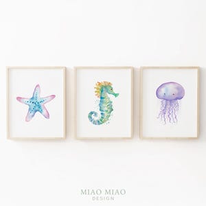 Decoração de berçário do oceano, arte de parede de berçário, sob o mar, decoração de quarto de bebê, aquarela, conjunto de 3, arte de parede para impressão, download digital