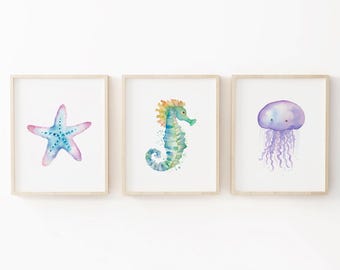 Ocean Nursery Decor, Set of 3 Watercolor Sea Life Prints, Printable Art (Digital Download)
