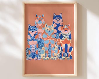 Puede incluir: Una lámina artística enmarcada con cinco perros estilizados sobre un fondo color terracota. Los perros están decorados con patrones azules, naranjas y crema, incluyendo puntos y espirales. El texto miaomiao DESIGN aparece en la parte inferior.