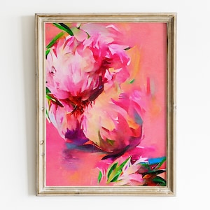 Floral artwork, pink watercolor flowers, bedroom wall art, peony poster, abstract printable art, instant download, floral print