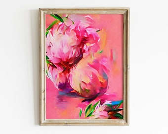 Floral artwork, pink watercolor flowers, bedroom wall art, peony poster, abstract printable art, instant download, floral print