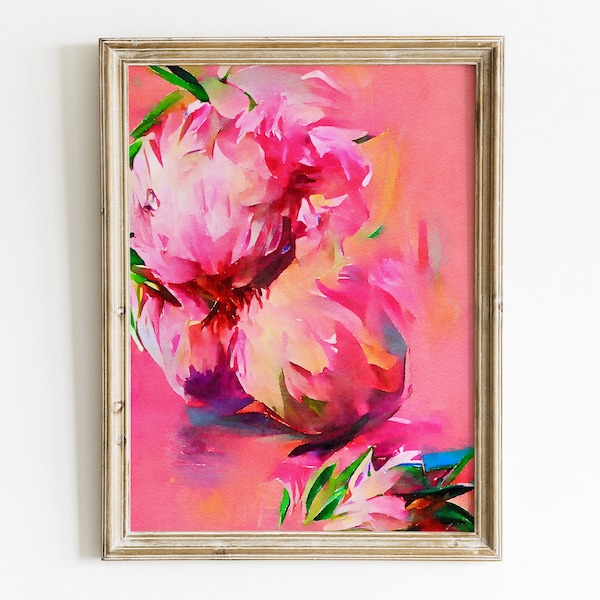 Floral artwork, pink watercolor flowers, bedroom wall art, peony poster, abstract printable art, instant download, floral print