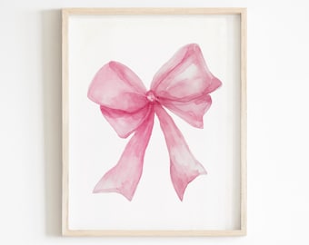 Pink Bow Wall Art, Coquette Room Decor, Trendy Wall Art, Girls Room Decor, Preppy Pink Poster, Watercolor Art, Girly Wall Art