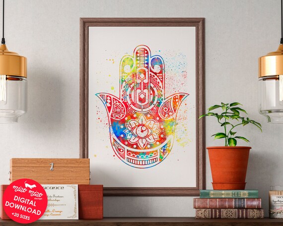 Hamsa Hand Print Watercolor Art Spiritual Wall Art Yoga | Etsy