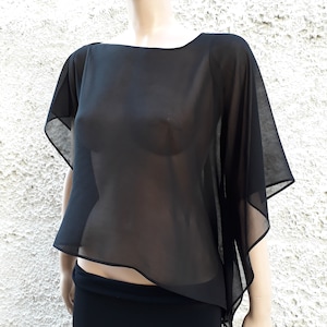 Asymmetric blouse with one sleeve, Women asymmetrical black top, Open shoulder silk blouse, Off shoulder sheer blouse, Event silk top gift