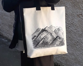 Painted shoulder tote bag, Landscape handbag tote, Natural cotton canvas tote bag for shopping, Gift eco friendly tote bag, Daily cotton bag