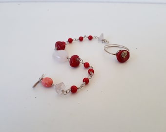 Coral Agate Gemstone Bracelet Ring Set, Silver Wire Wrapped Jewelry