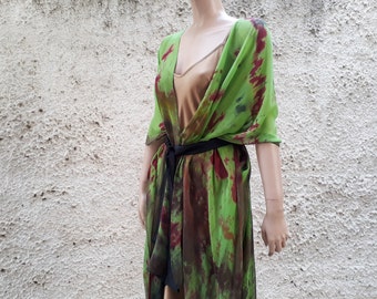 Handgeschilderd zijden kimonojack, groene limoen boho cover-up