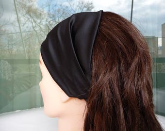 Yoga wide headband for women, Silk satin head wrap, Black head band gift, Solid black headband