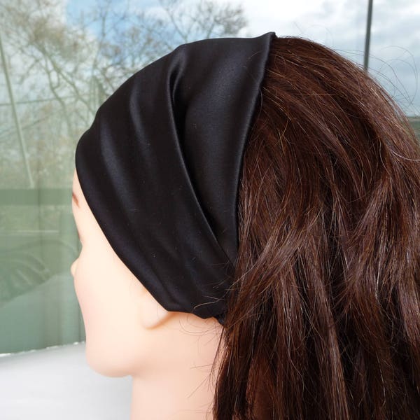 Yoga wide headband for women, Silk satin head wrap, Black head band gift, Solid black headband
