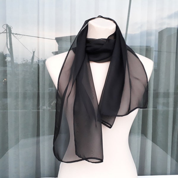 Black silk transparent scarf women, Black wrap shawl scarf, Silk chiffon scarf gift for herf