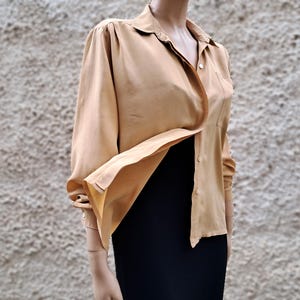 RESERVED Vintage oversized beige minimal silk shirt blouse, Elegant women&#39;s Button up shirt, Women long sleeve office top