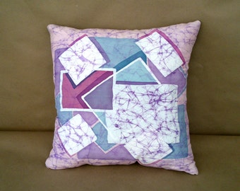 Geometric Pillow Cover, Blue Pink Art Pillow, Batik Case Pillow, Hand Painted Silk , Modern Geometric Cushion, Geometric Lines Pillow