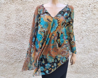 Top tunica poncho in seta vintage, camicetta caftano di seta asimmetrica con stampa floreale XXL, copricostume da spiaggia, top in camicetta ampia Boho