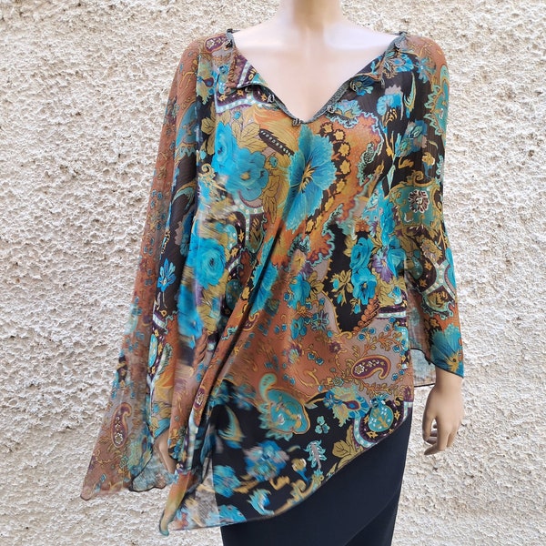 Vintage silk poncho tunic top, Floral print asymmetrical silk kaftan blouse XXL, Beach cover up top free size, Bohemian loose blouse top