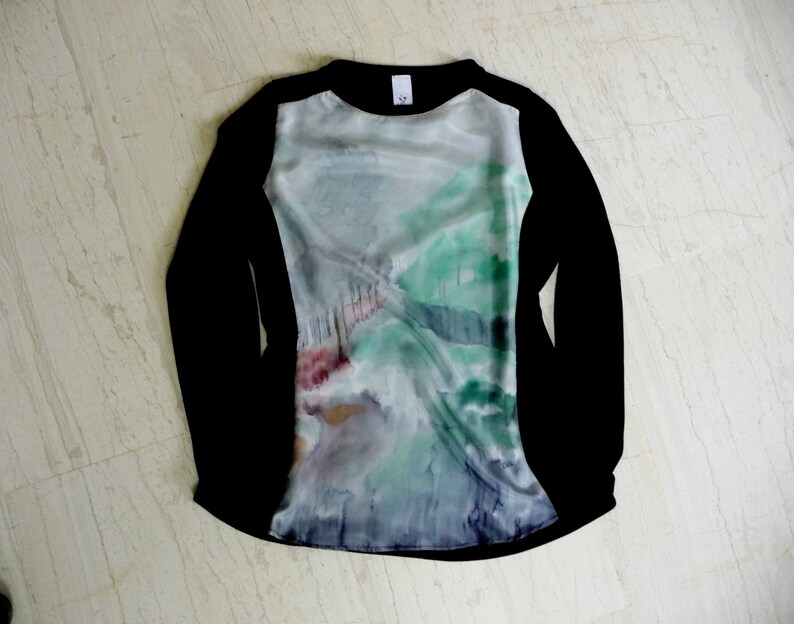 Black jersey top Modern style Loose fitting style Silk top medium Silk long sleeve Ooak top Long sleeve shirt Wearable art top