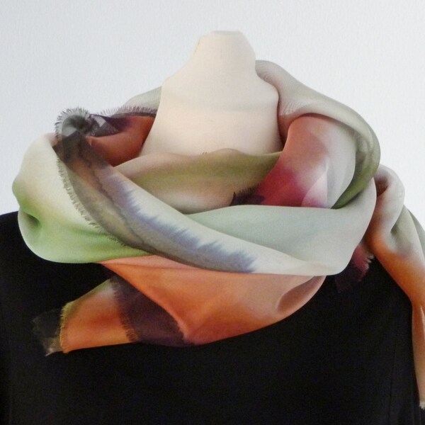 Silk scarf,Hand painted Silk scarf,Abstract,Aurora borealis-Inspired in Green, Orange white brown