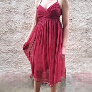 Midi halter neck silk dress with bust draped, Vintage women&#39;s red silk polka dot dress, Cocktail party dress
