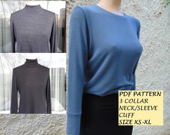 Digital pattern women, Sewing pattern jersey mock neck/turtleneck shirt, Pdf Simple Basic top, Pattern loose fit blouse, Beginner pdf shirt