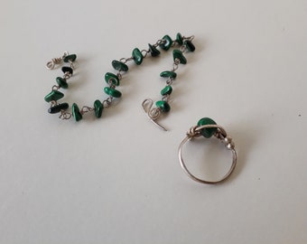 Beaded  Set Bracelet Ring, Wire Wrapped Bead Ring, Dainty Bracelet Set, Green Malachite Stone Jewelry, Tiny Bead Jewelry