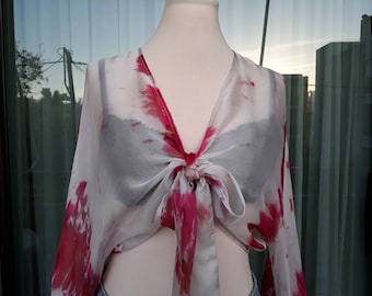 Women tie front crop top, Puff long sleeve silk top, Cropped knot tie shirt, Tee women with tie front