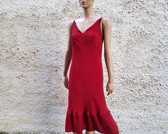 Midi strap silk dress with ruffle, Vintage women red silk dress, Cocktail party dress