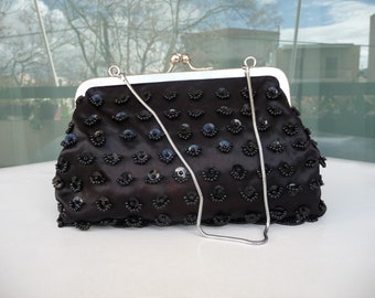 Sac de soirée vintage en perles, sac à main en satin noir, cadre en métal