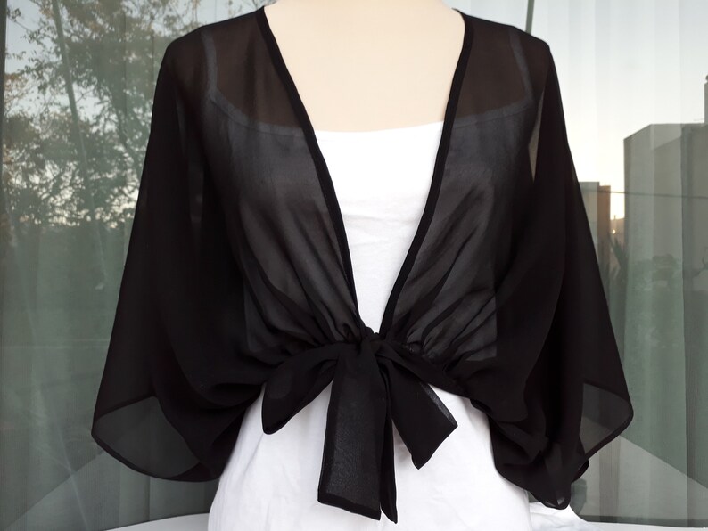 Women bolero for party, Silk cropped jacket, Black bolero, See through cover up, Black silk sheer bolero image 7