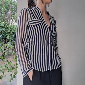 Vintage striped button down shirt – White & Blue long sleeve classic shirt, Retro collared blouse, Timeless vintage top
