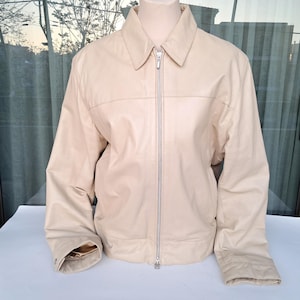 Vintage Beige Leather Jacket, 90s Minimalist Bomber Style, Unisex Zip-Up Coat, Soft Genuine Leather, Classic Neutral Outerwear