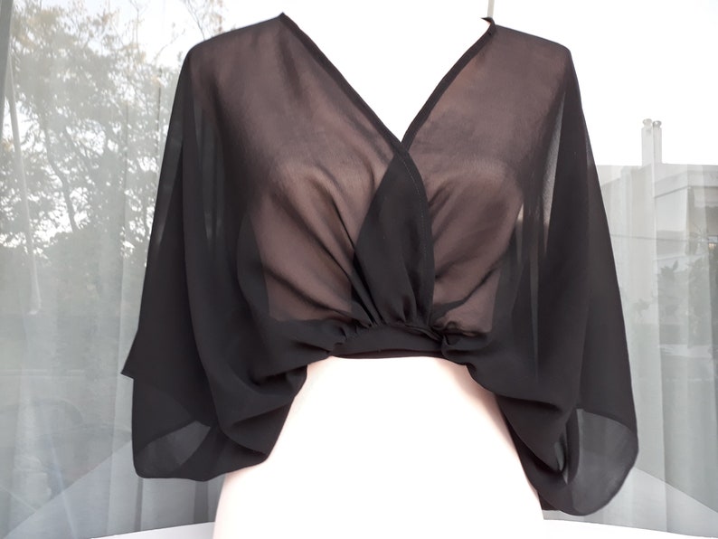 Women bolero for party, Silk cropped jacket, Black bolero, See through cover up, Black silk sheer bolero image 6