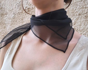 Silk square bandana scarf women, Black silk sheer neck scarf, Boho gift head tie scarf, Small silk scarves in colors