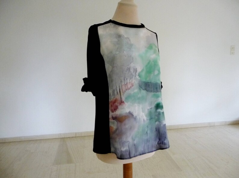 Black jersey top Modern style Loose fitting style Silk top medium Silk long sleeve Ooak top Long sleeve shirt Wearable art top