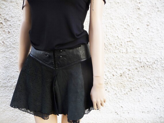 Mini leather black skirt, Gothic lace skirt women,