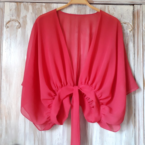 Veste de couverture en mousseline de soie semi-transparente avec taille de cravate à tirer, haussement d'épaules de mariage de veste Boléro, haussement d'épaules rouge de mariée pour femmes