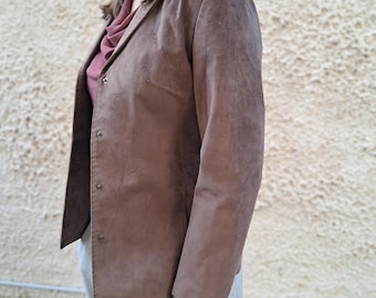 Vintage Brown Suede Leather Blazer Women | Classic Tailored Jacket UK 8,  EU 38