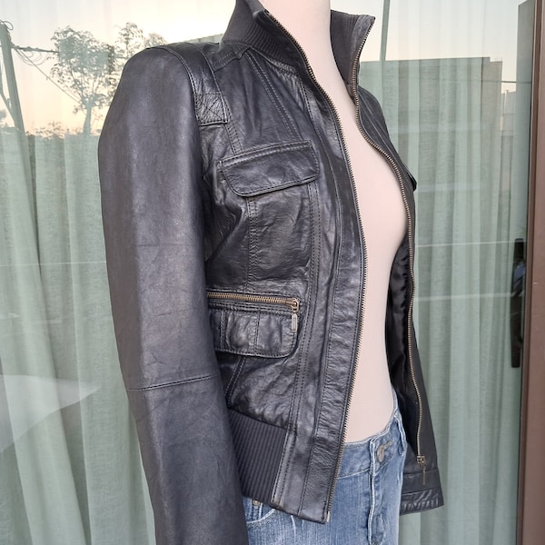 Women's black leather jacket, Vintage bike genuine leather jacket, Unisex slim fit moto jacket small size