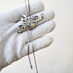 Silver bow pendant necklace with rhinestone, Delicate bow necklace with adjustable chain, Ribbon bow necklace perfect gift birthday