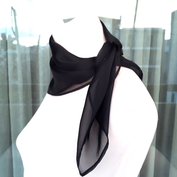 Silk square bandana scarf women, Black silk sheer neck scarf, Boho gift head tie scarf, Small sheer silk chiffon scarf