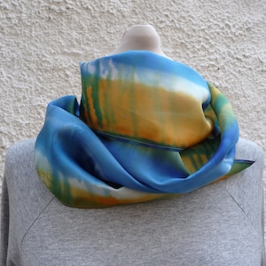 Hand Dyed Silk Scarf Gift, Abstract silk Scarf, Blue and Green silk Scarf, Blue Gold Silk Scarf,  Ooak silk scarf, Painted silk Scarf